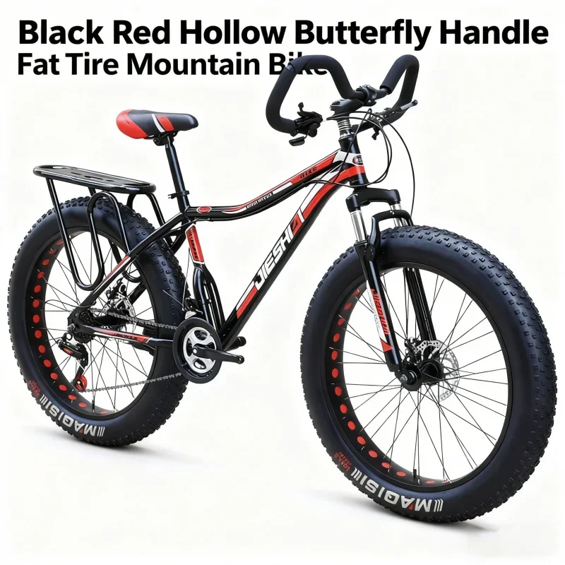 Bici grassa per pneumatici grandi con manico a farfalla cavo nero e rosso per uomo adulto - Bicicletta a velocità variabile fuoristrada spessa e larga per montagna da neve
