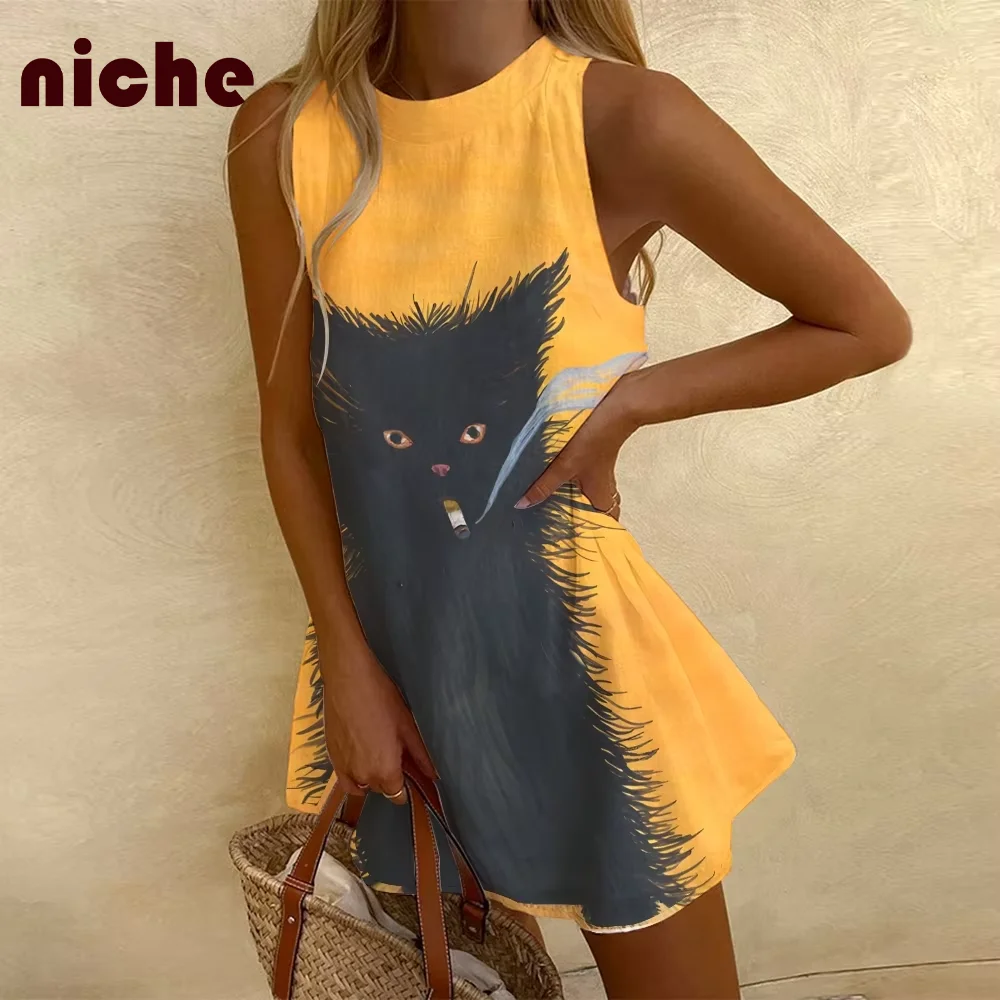 Ladies Sleeveless Dress Waist Kitten Graphic Printing High Quality Soft Cotton And Linen Comfortable Trend New Beach Skirt