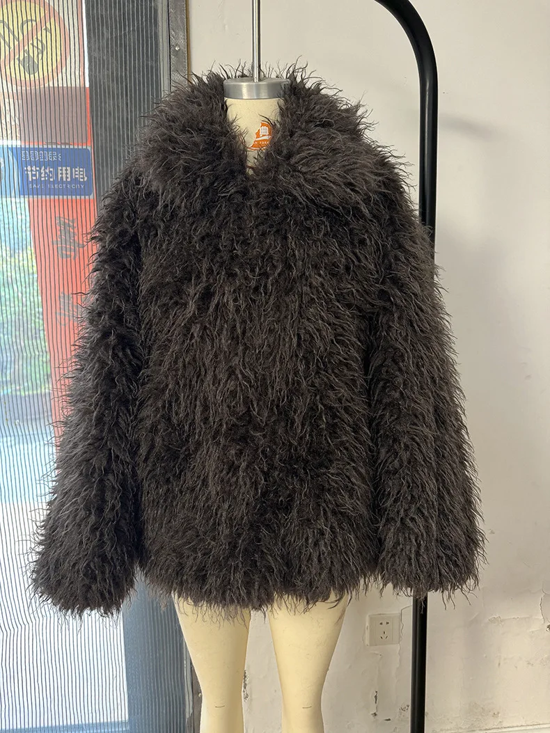 Nueva moda europea americana para mujer, abrigos de piel sintética con cuello vuelto, elegantes e informales, a la moda, Tops para mujer