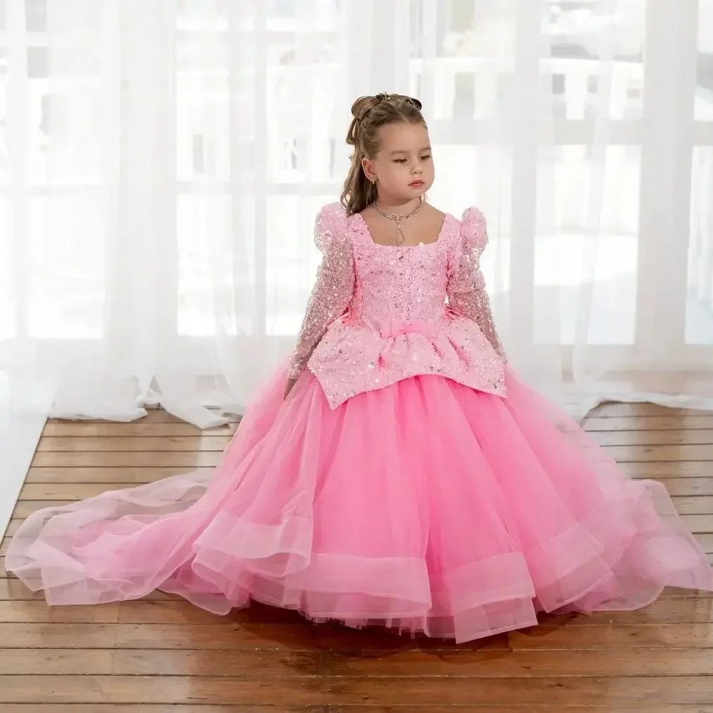 

Розовое платье с длинными рукавами и блестками для девочек, первое рождественское платье, наряд для свадебной вечеринки فساتينestes فساتين kde سهرة بن sisi