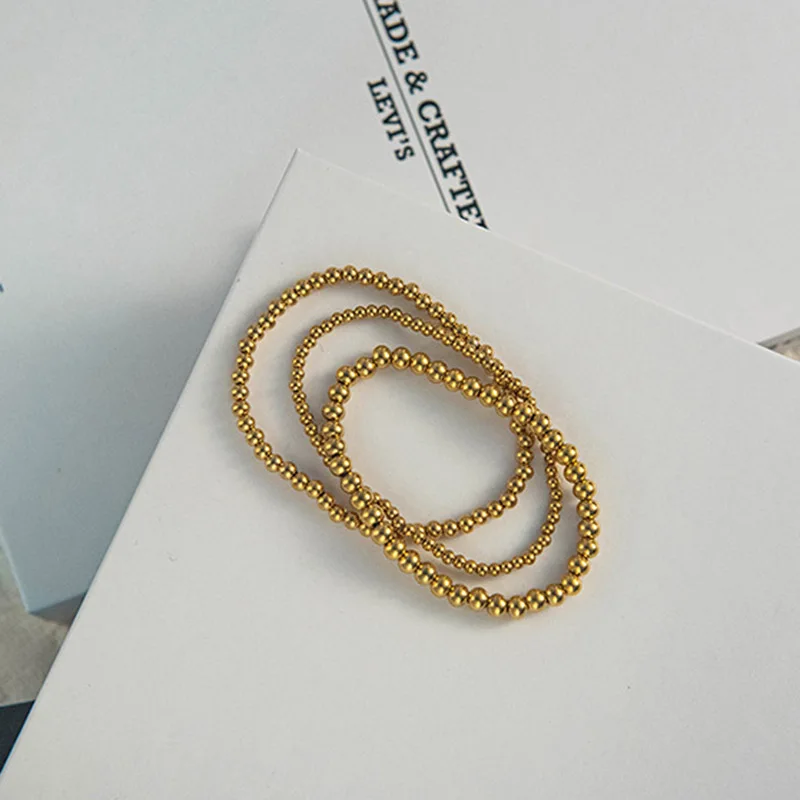 New Stainless Steel Beaded Bracelet 14k Gold Plated Round Beads Stretchable Elastic Bracelet for Women Handmade Jewelry Gift