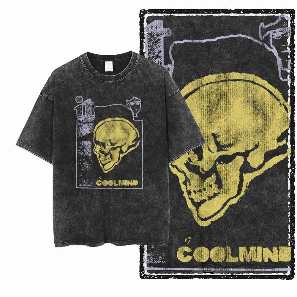 Chemise à motif imprimé COOLMIND pour hommes et femmes, grande taille, en coton frais, délavé à l'acide, vêtements de rue, col rond, T-shirt pour hommes et femmes