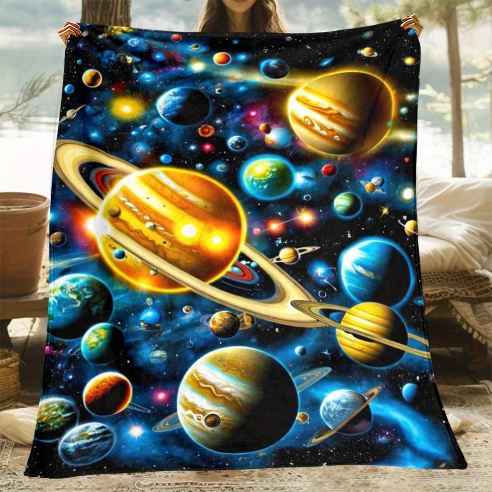 Cosmic Planet Galaxy Flannel Throw Blanket, Colorful Space Solar System Print Soft Blanket for Kids Bedroom Sofa Cozy Home Decor