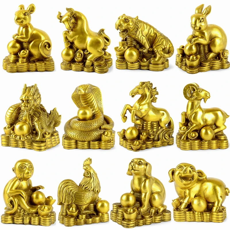 TOP COOL Asia home propitious Ornament The 12 Chinese Zodiacs cow tiger dragon snake horse monkey dog  FENG SHUI brass statue