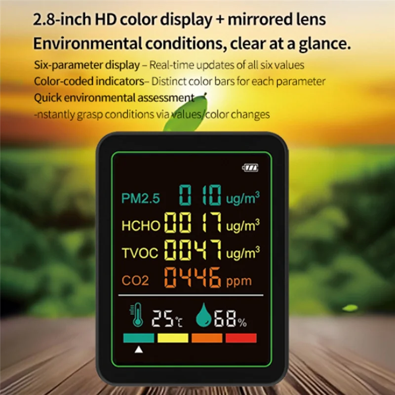 BAAY MT07WT 6-w-1 Monitor Jakości Powietrza Wewnętrznego PM2.5 Domowy HCHO TVOC CO2 Temperatura Wilgotność Przenośny Tester Do Użytku Domowego Wh