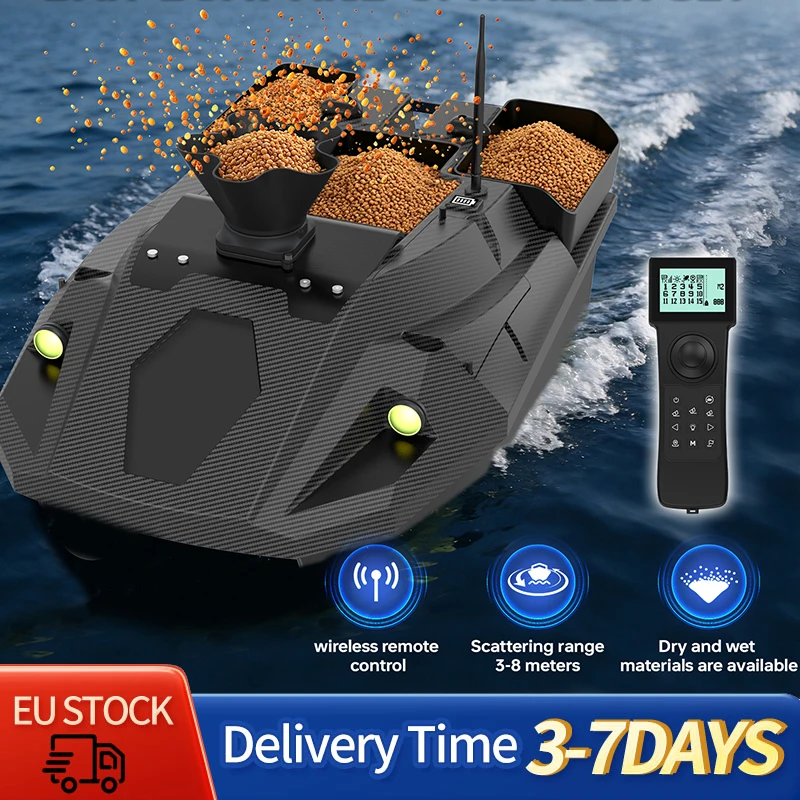 LOKEEVAN D70B GPS-Köderboot mit Ferngesteuertem Köderauswerfer, 100 Positionierungspunkte, 500m Fernsteuerung, Extra Großer 3-Fach-Behälter, GPS+Beidou Satelliten-Dual-Positionierungssystem,