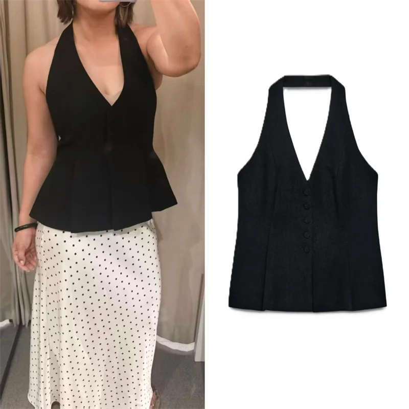 Haut pour femme, nouvelle collection été 2026, noir, sans manches, col licou, coupe ajustée, sexy, col en V, élégant, mode navetteur