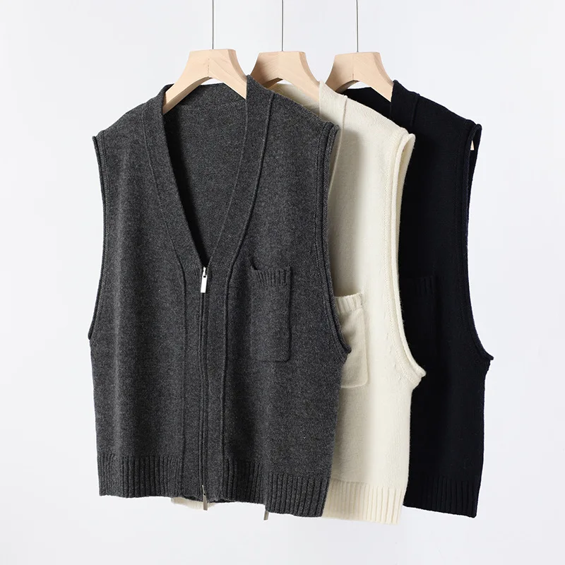 

Женский шерстяной вязаный жилет с двойной молнией в стиле Old Money, свободный утягивающий короткий многослойный топ без рукавов