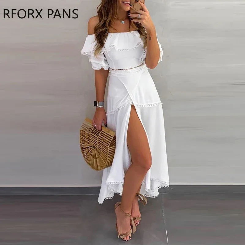 Off Shoulder Ruffle Tops Split Skirt Sets