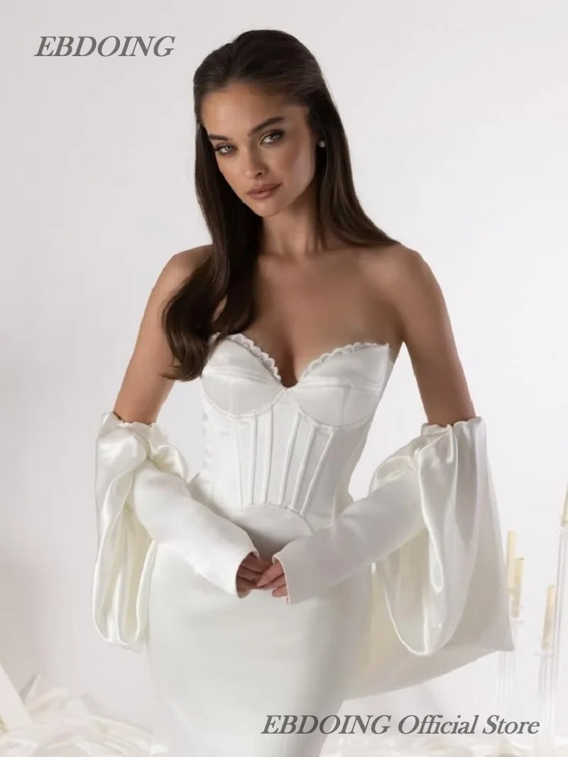 EBDOING ชุดแต่งงานทรงเมอร์เมดผ้าซาตินคอรูปหัวใจพร้อมแขนเสื้อที่ถอดออกได้ ชุดเจ้าสาวแบบกำหนดเอง