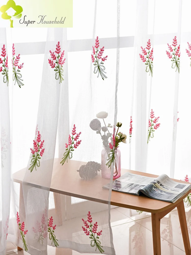 Purple Embroidered Lavender Sheer Curtains for Living Room Tulle Linen Curtains Window Screen for Children Girls Bedroom