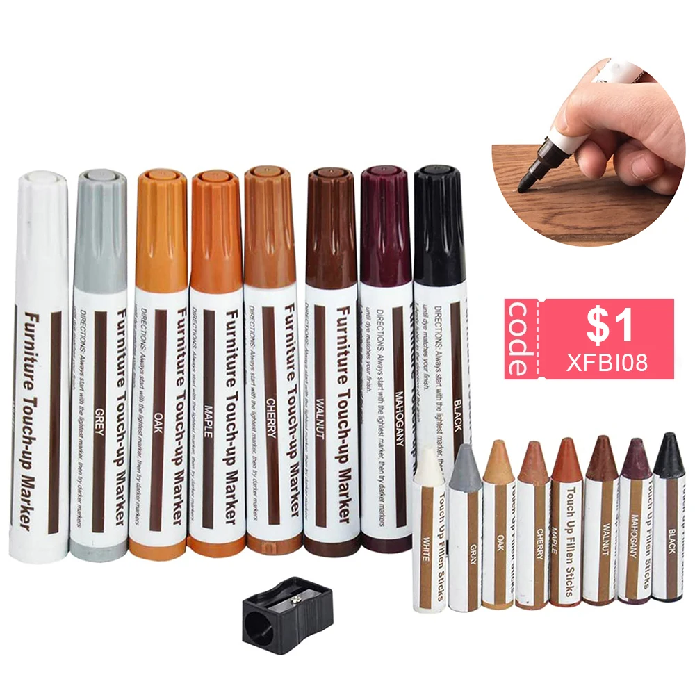 Furniture Touch Up Marker 17PCS Wood Scratch Restore Patch Timber Paint Pen with Sharpener Wax Sticks Wood Composite Repair Kit