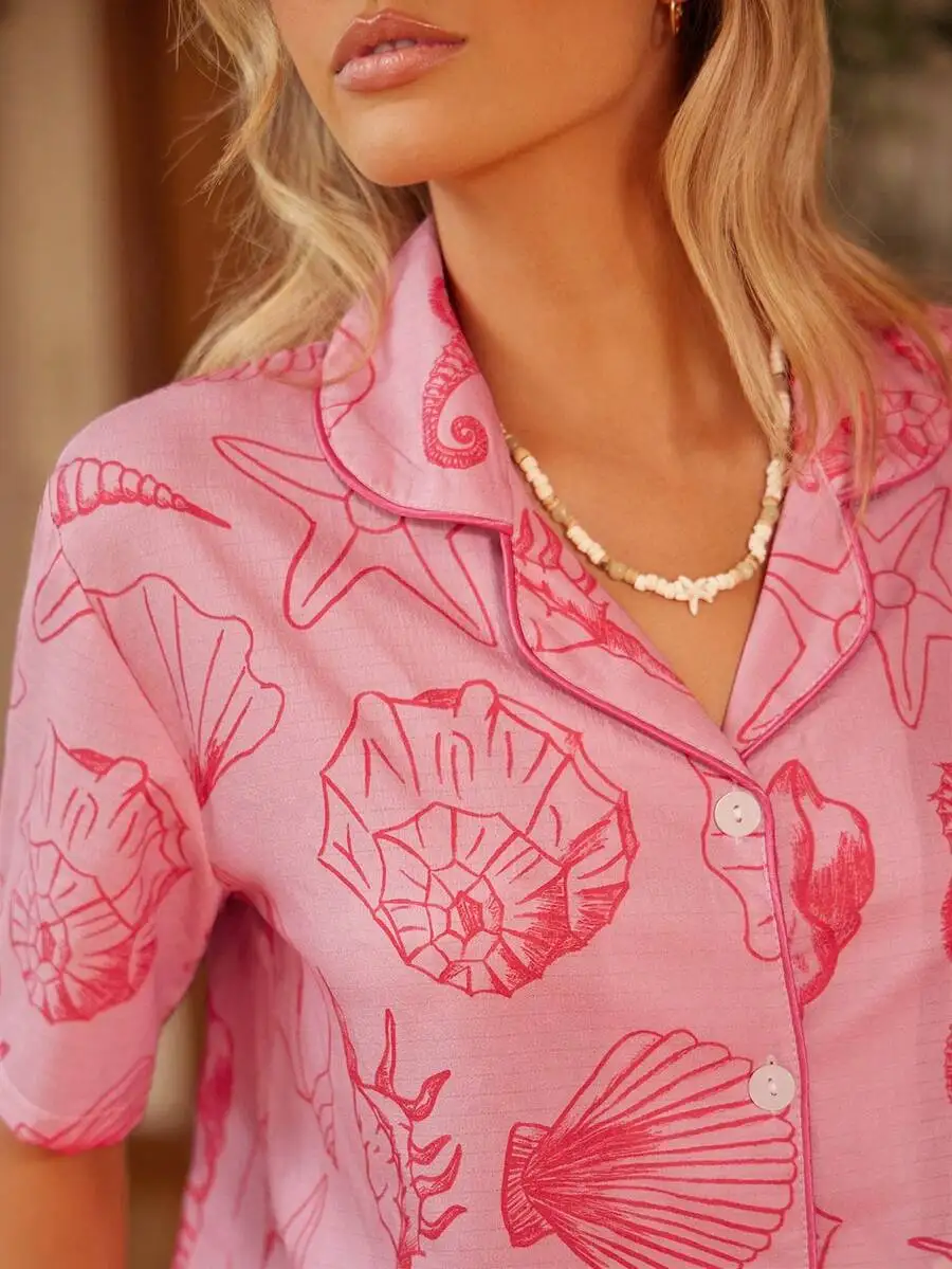 

Bohemian Ocean Print Women Pajamas Loungewear Set Casual Sleepwear
