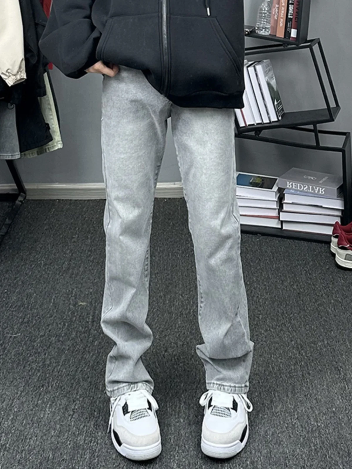 

Cleanfit Grey Denim Jeans Men's Slim Fit Elastic Vibe American Retro Pants Cool Micro Flare Long Trousers Youth Fashion