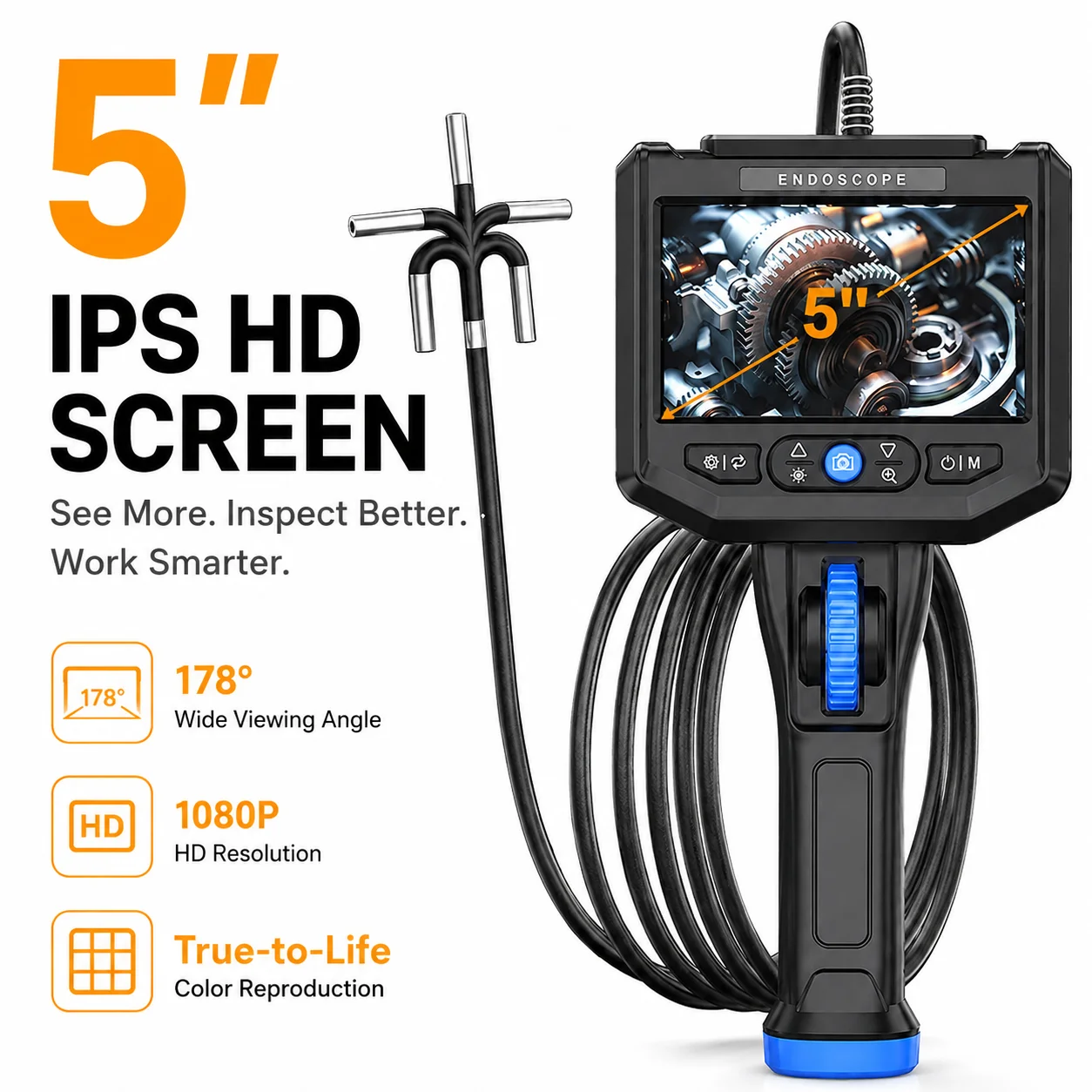 

5 Inch Industrial Endoscope Camera 6.0mm 180° Articulating Borescope HD Inspection Camera with Screen Auto Shutdown