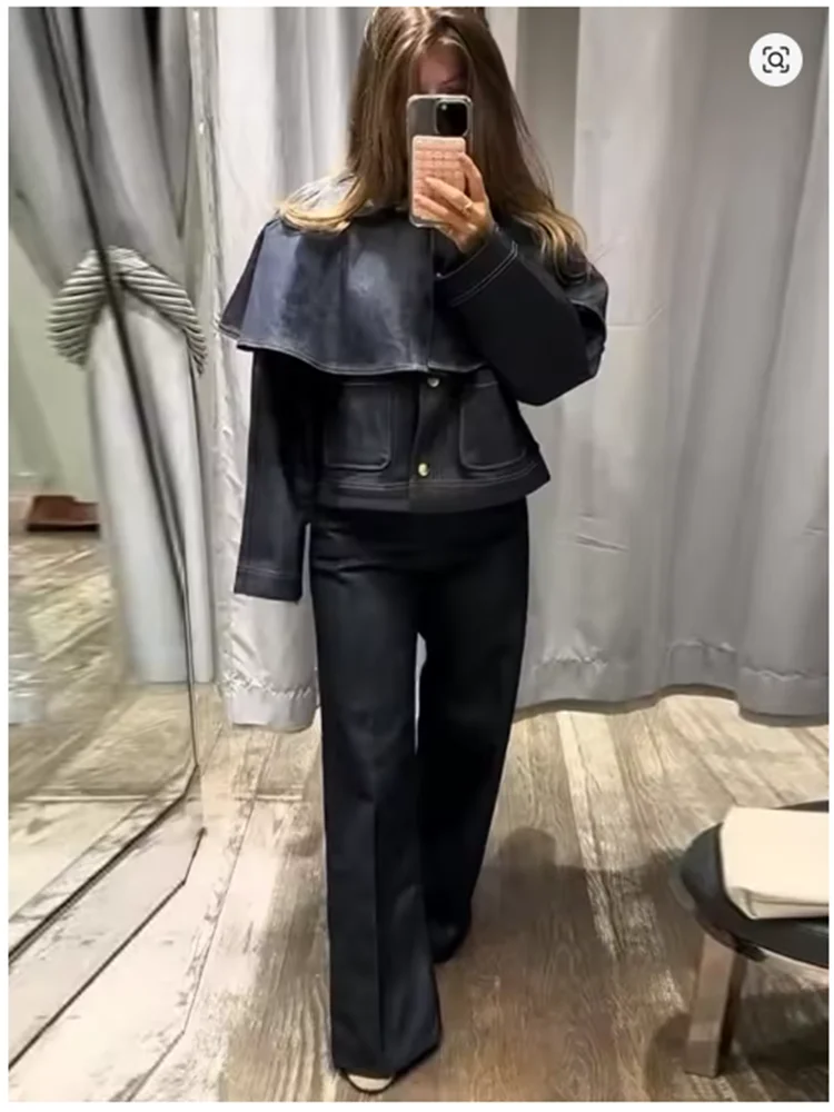 سترة نسائية أنيقة بدوره إلى أسفل طوق كم كامل واحدة الصدر الدنيم السترات النسائية 2025 الخريف ساعة سيدة الموضة أبلى #4