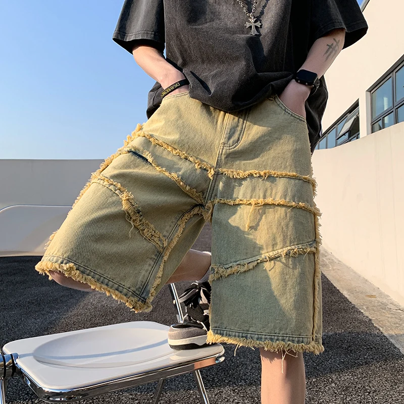 American High Street Men\'s Wide Leg Denim Shorts Summer 2023 New Fashion Casual Baggy Short Jeans Male Chic Burrs Clothes