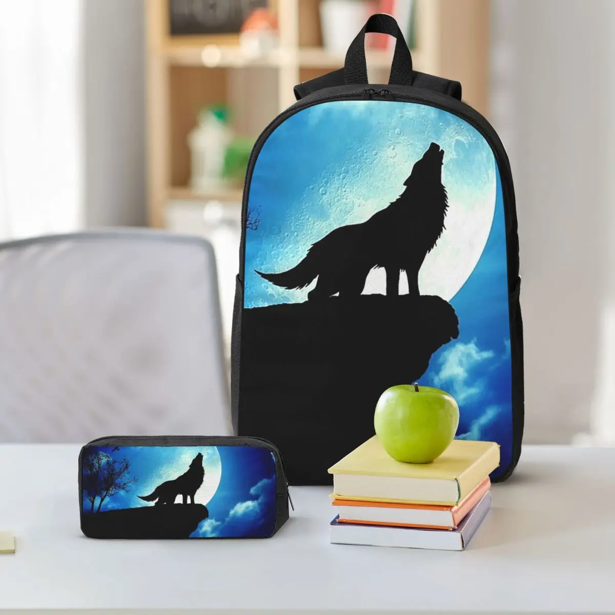 Howling Wolf Backpack Boys Girls BookBag School Bag Shoulder Bags 3ps Insulated Lunch Bag Pencil Case