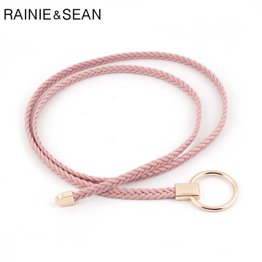 RAINIE SEAN Thin Belt Women Weave Pu Leather Fashion Ladies Strap for Dresses Solid Light Ble Pink Red Camel Self Tie Women Belt