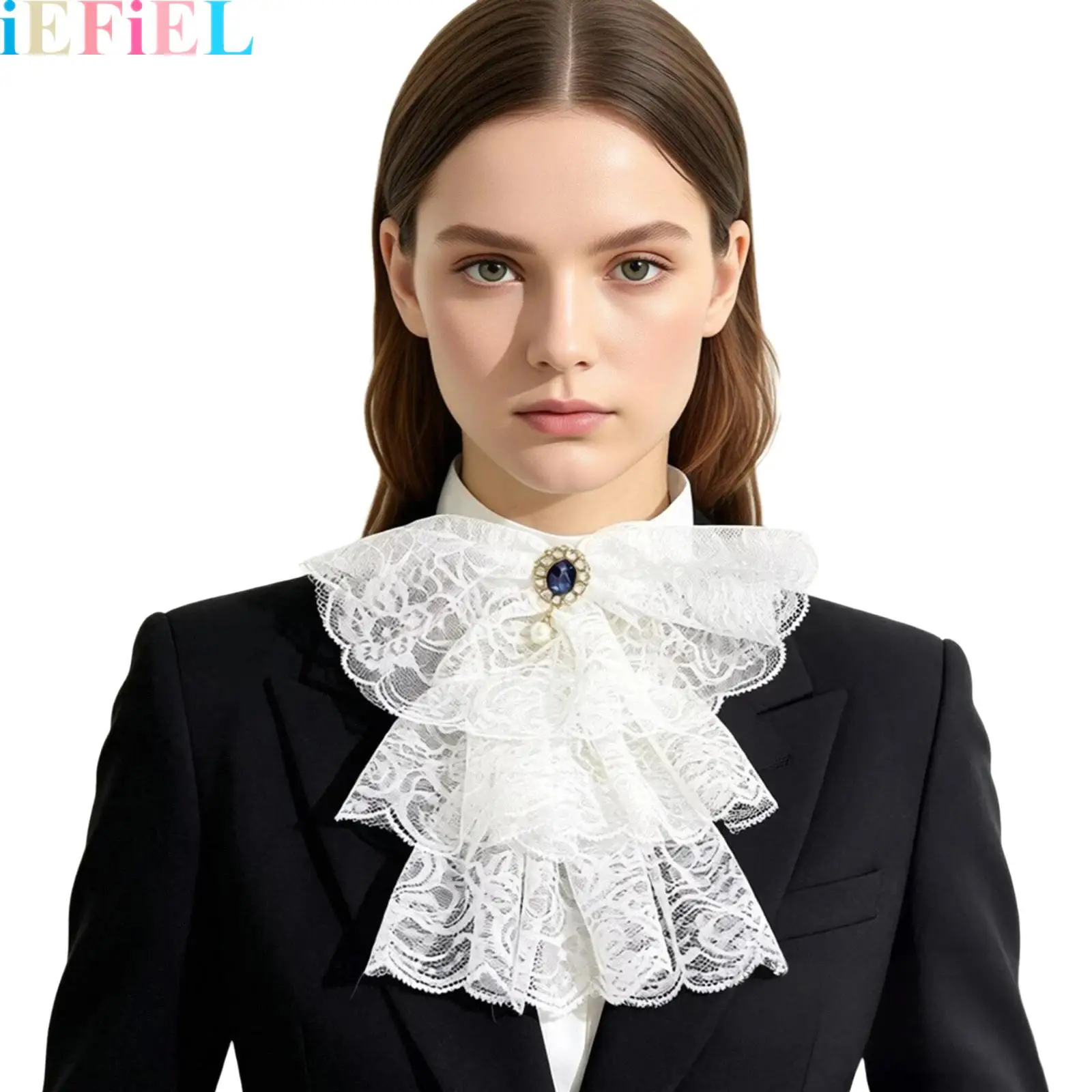 

Womens Victorian Vintage Lace Collar Multi-layer Lace Ruffles Fake Collar Detachable Necktie with Gem Decor for Cosplay