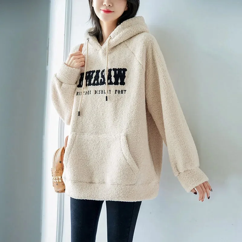 2023 frühling Herbst Hoodies Frauen Fleece Verdickte Mit Kapuze Kleidung Neue Mode Lose Große Größe Stickerei Brief Warme Hoodies