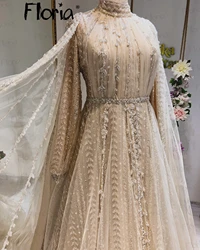 Muslim Champagne Long Formal Evening Dresses Lantern SLeeve Cape Wedding Party Dress East Middle Wedding Gowns for Women 2024