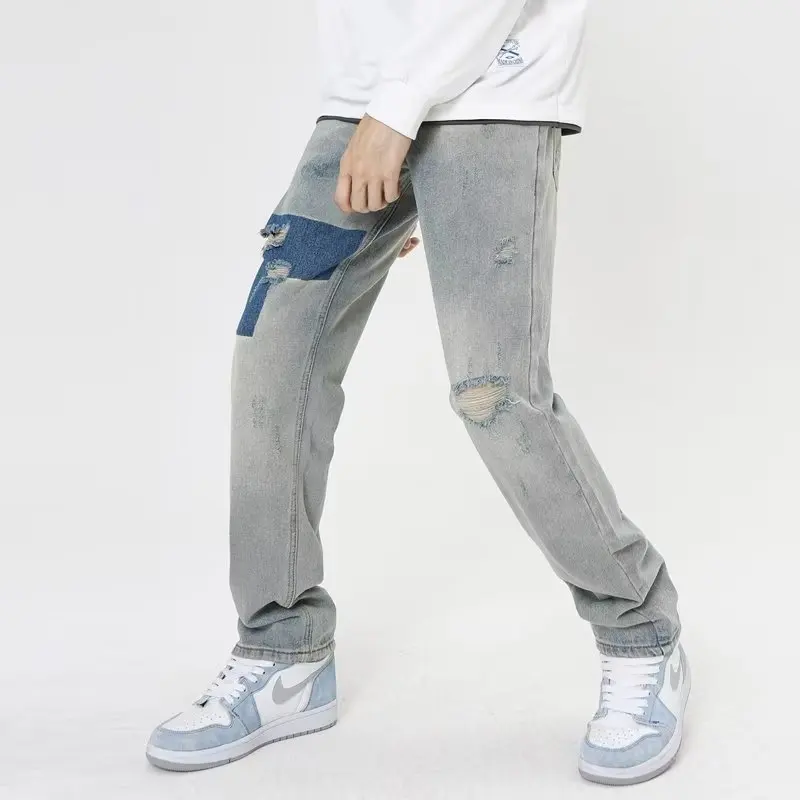 Vintage Distressed ripped Flare Jeans Mens Streetwear Patchwork Hip Hop Heavy Wash Blue Slim Fit Denim Pants For Men 5058