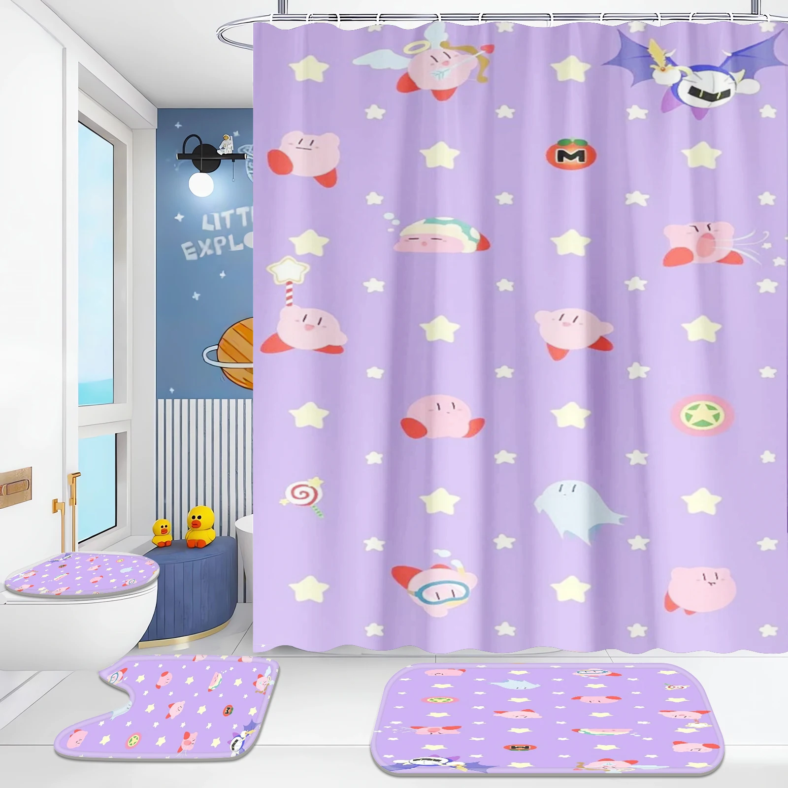 

Cartoon Kirby Shower Curtain, Bath Mats, Cute, Various Sizes, Kawaii Bathroom, Great Gift for Kids, Full Polyester, 4 Pcs