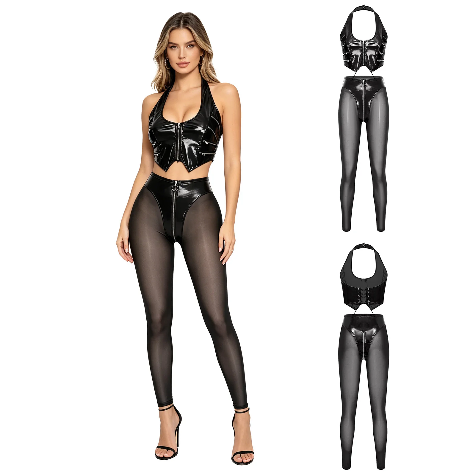 

Womens Glossy PU Leather Outfit Multi-zip Back Lace-up Halter Crop Top and Sheer Mesh Legs High Waist Leggings Sets Y2k Clubwear