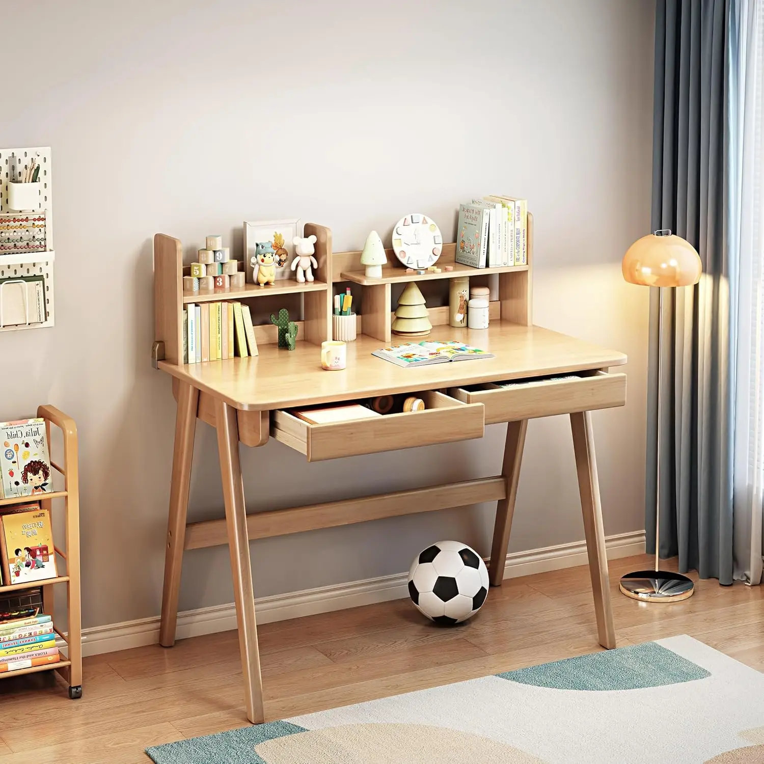 Kids Desk Kids Table Rubber Wood Children’s Study Desk with Bookshelf and Two Drawers Desk for 3 Years Old and Above Student's