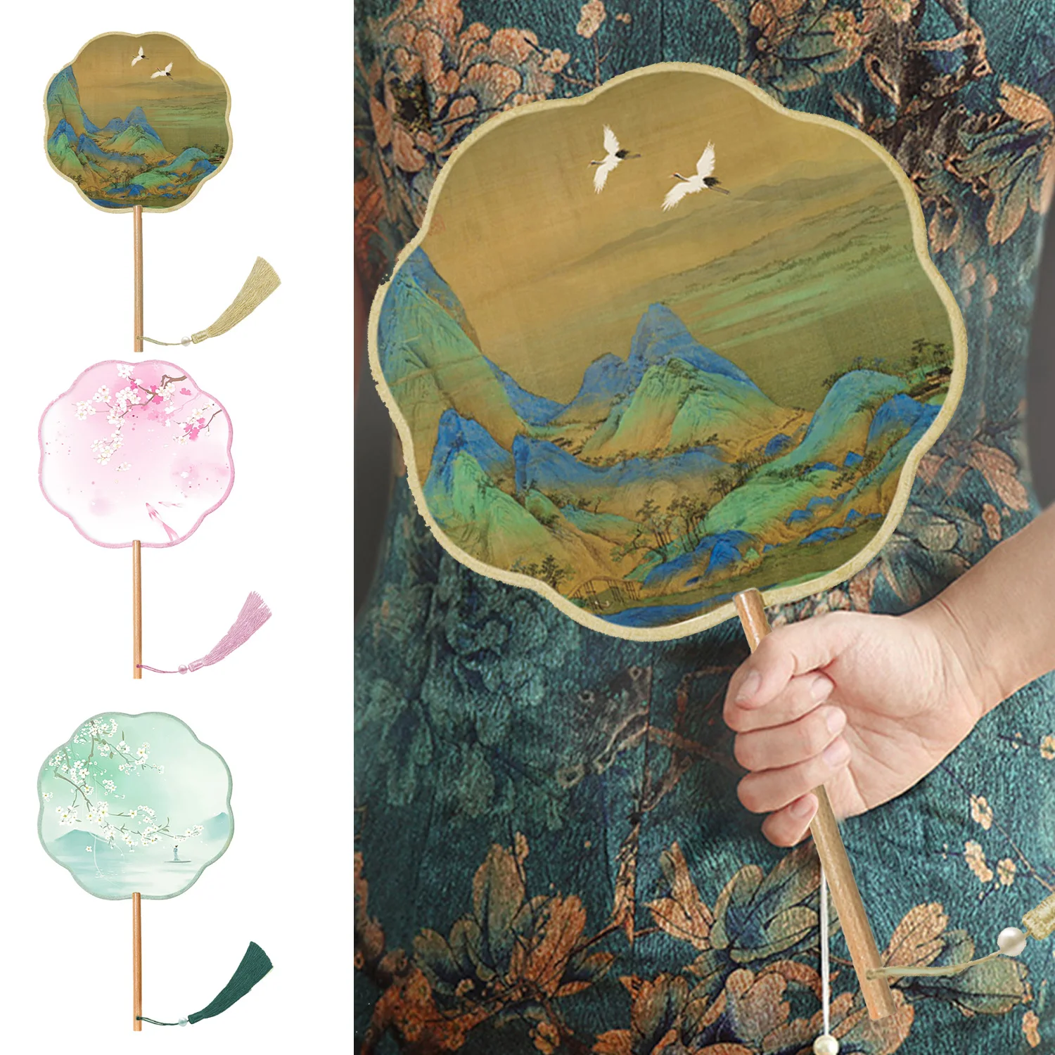 Ancient Style Palace Translucent Eight-petal Round Fan Wooden Long Handle Tassel Silk Embroidered Fan Ancient Wedding Hand Fan