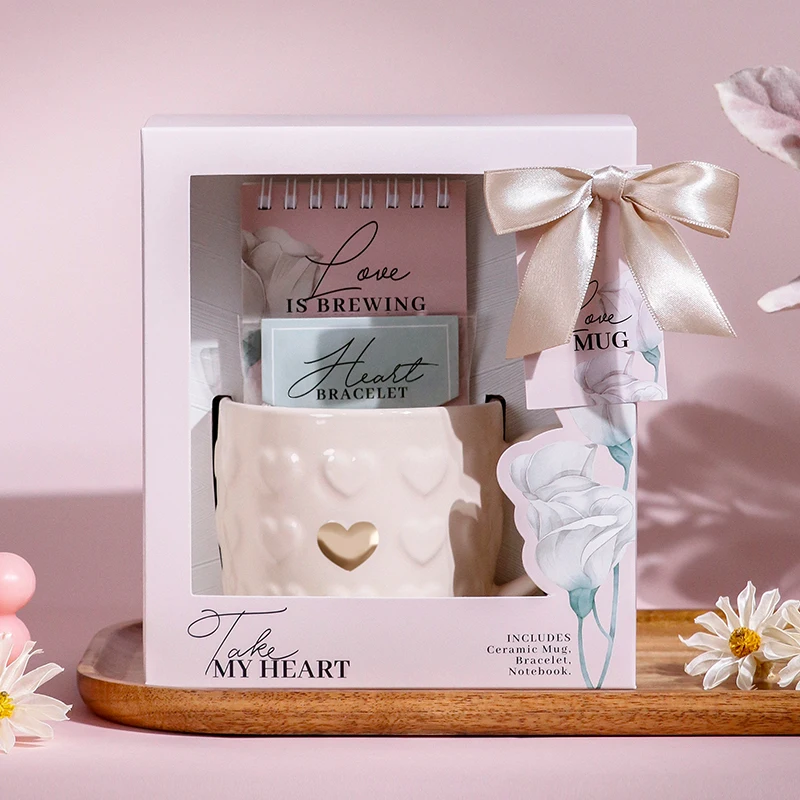 

BespritGift New High Quality 370ml Ceramic Mug+Bracelet+Notepad Sets Thoughtful Wedding Favors Valentine's Day Gifts for Women
