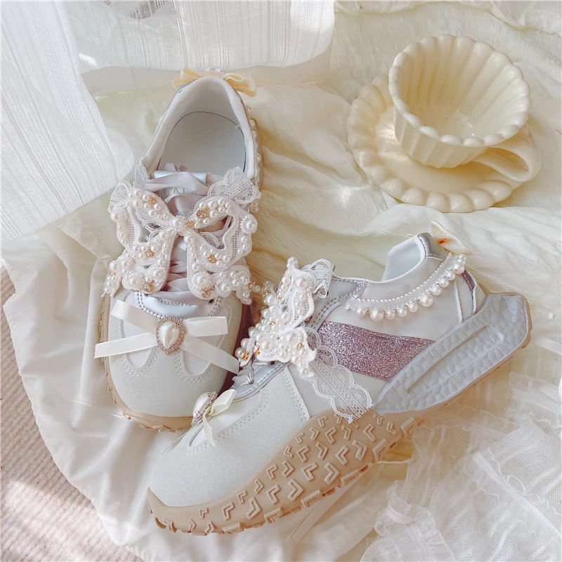2025 Summer New Japanese Original Sweet Lady Platform Sneakers Fairy Bow Ribbon Retro Girl Round Head Casual Shoes