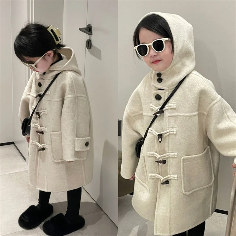 

Girls Woolen Hooded Jackets Children Thickened Long Coats 2025 New Winter Warm Cotton Outerwear Kids Autumn Fashion Clothing