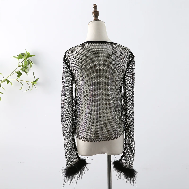 Damen Diamant-Netz-Top, Durchsichtiges Fischernetz-T-Shirt, Glitzernde Transparente Rundhalsbluse, Eng Anliegend, für Nachtclub, Party, Festival, Clubwear – Detail 2