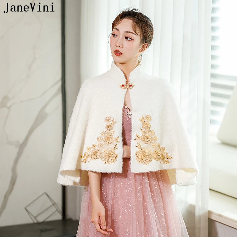 JaneVini Ivory Mink Fur Bride Jacket Shrug Appliqued Beaded Pin Winter Party Capes Faux Fur Shawl Wrap Bridal Shawls Stole Cloak