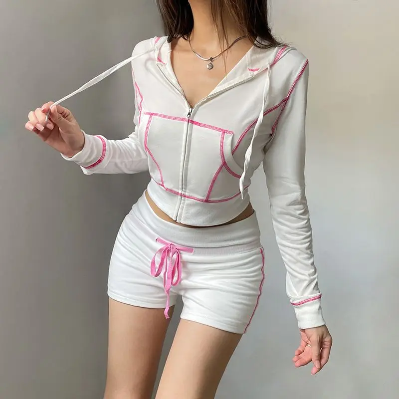 Sports Zipper Sweatshirt + Shorts Two-Piece Set For Women Spring And Autumn Jacket Hot Girl American Casual Top Two-Piece Set