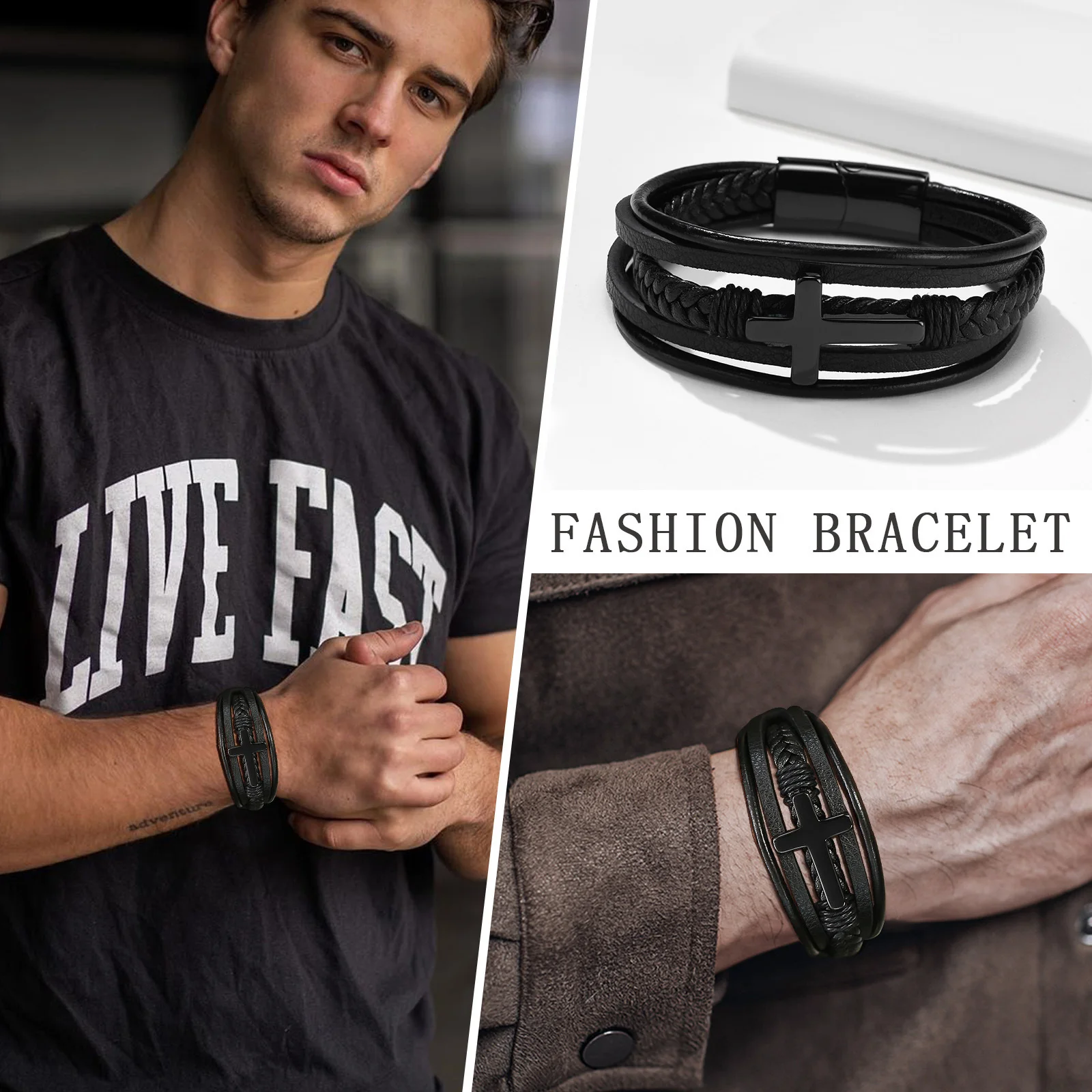 Vnox Cross Bracelets for Men, Black Braide Leather with Cross Charm Bangle, Casual Layered Christ Faith Wristband