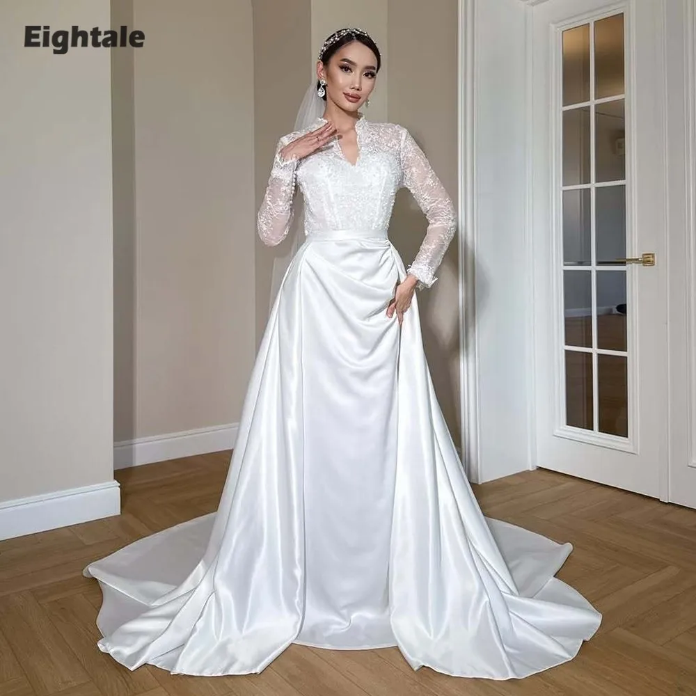 

Eightale Арабские свадебные платья по индивидуальному заказу с v-образным вырезом и длинными рукавами Мусульманское свадебное платье цвета слоновой кости со съемной юбкой