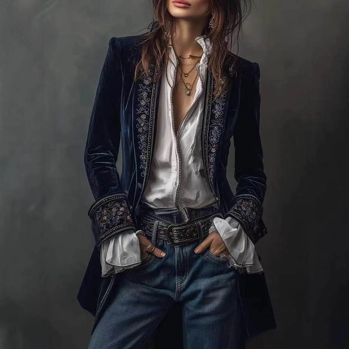 

Long Sve Pure Color Splicing Lace Trim Gold Velvet Jaet Women's Thiened Winter Coat European Sle Mid-Year Women