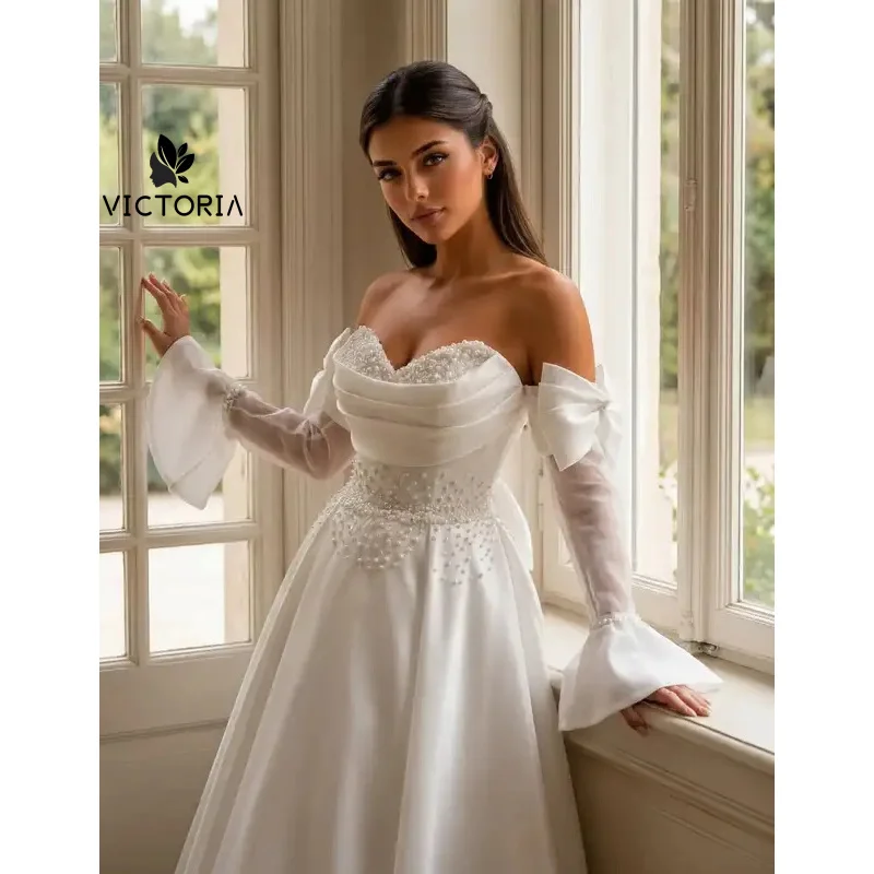 Elegant Satin Wedding Dress Off Shoulder Pearl Beaded Bridal Gown A Line Sweetheart Neck Detachable Long Sleeves Customized