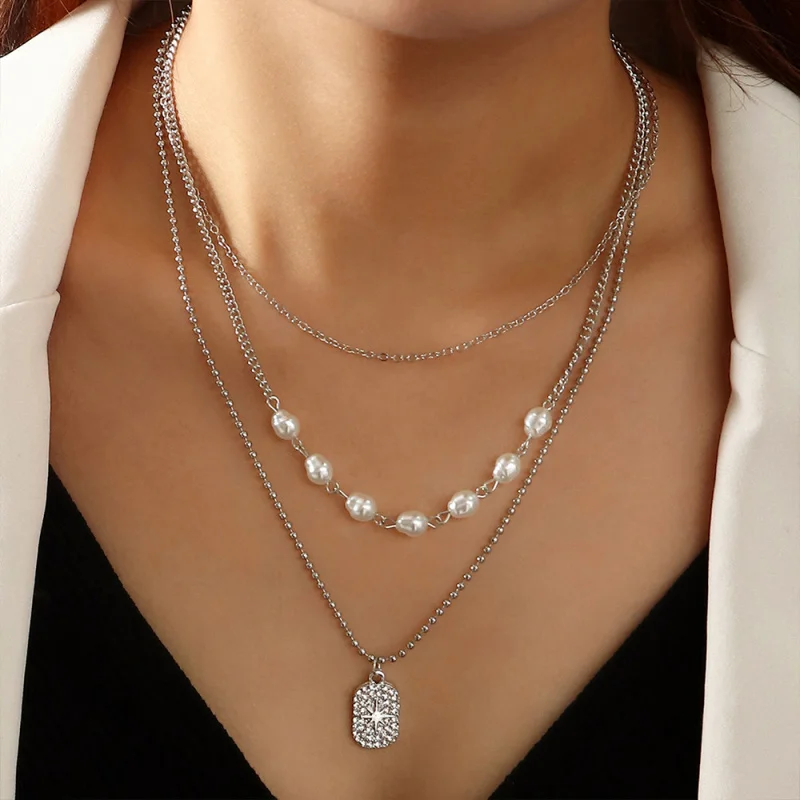 1pc Hip Hop Statement Necklace – Layered Tag Pendants with Faux Pearls & Rhinestones.