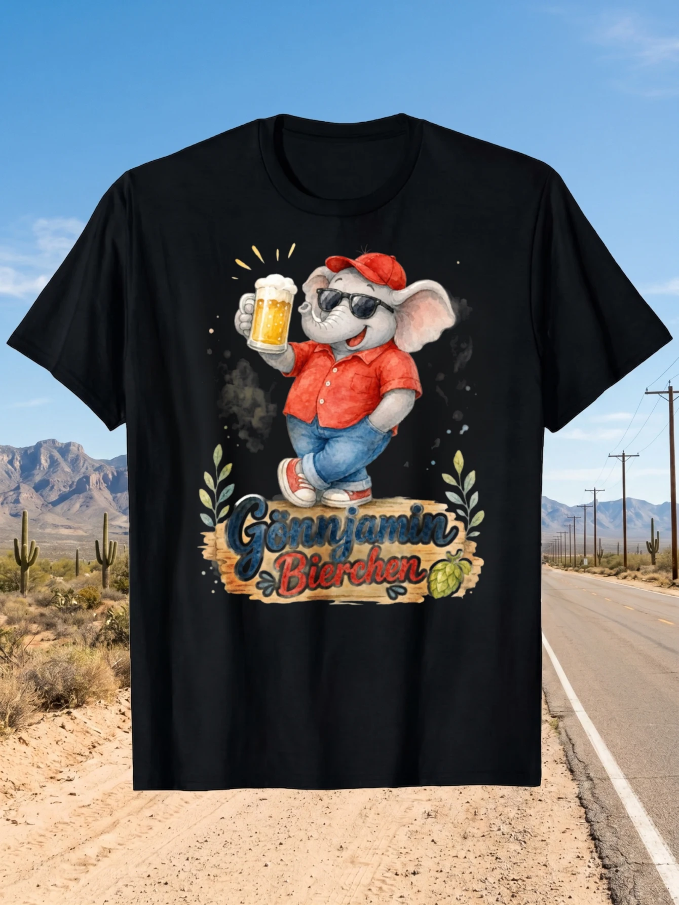 1 Stück 100% Baumwolle Unisex T-Shirt mit coolem Elefanten-Design, der einen Bierkrug hält, mit deutschem Text, O-Ausschnitt, kurzen Ärmeln, bedruckt, Übergröße, bequeme Freizeitkleidung,