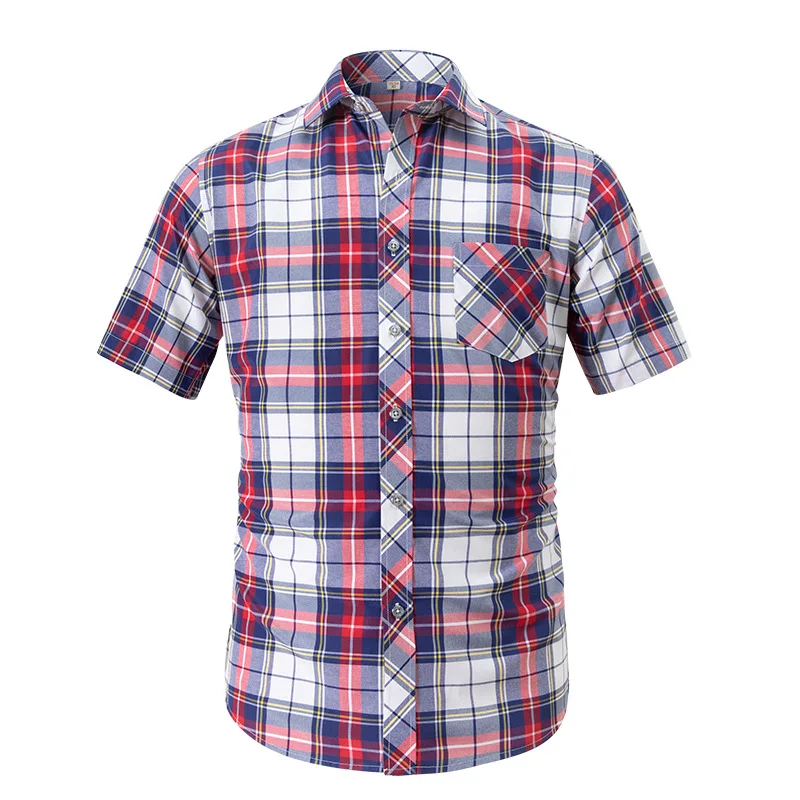 Men's Short Sleeve Shirt Summer Plaid Youth Leisure Design Soft Button-Up Dress Shirt with Front Pocket for Formal Social S-4XL
