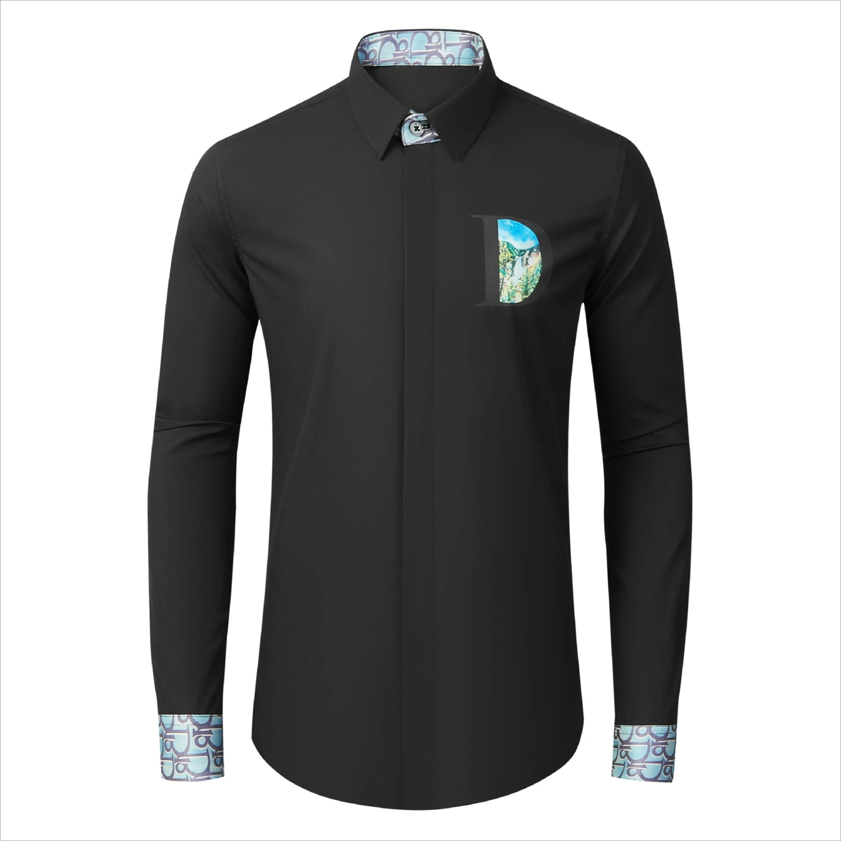 

Brand Letter Printing Splice Men's Shirt Fashion Long Sleeve Casual Shirts Slim Business Social Office Shirt Camisa Masculina