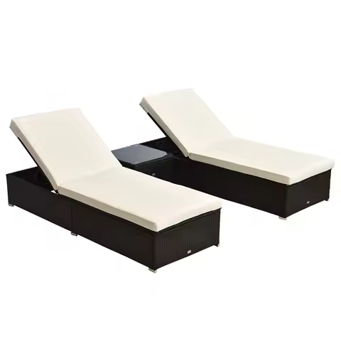 Outdoor 3Pc Pe Wicker Patio Deck Chair Set W/Thick Cushions &amp; Table, White