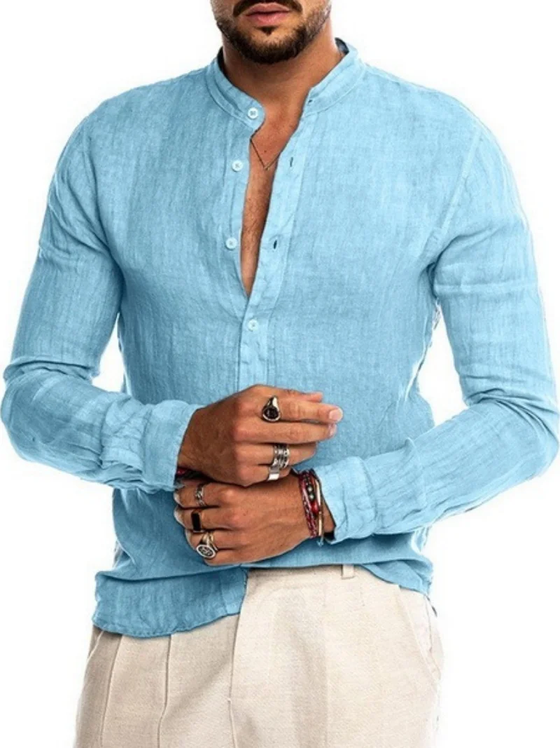 Men's Long Sleeve Linen Blend Button Down Shirt with Stand Collar Casual Lightweight Summer Top