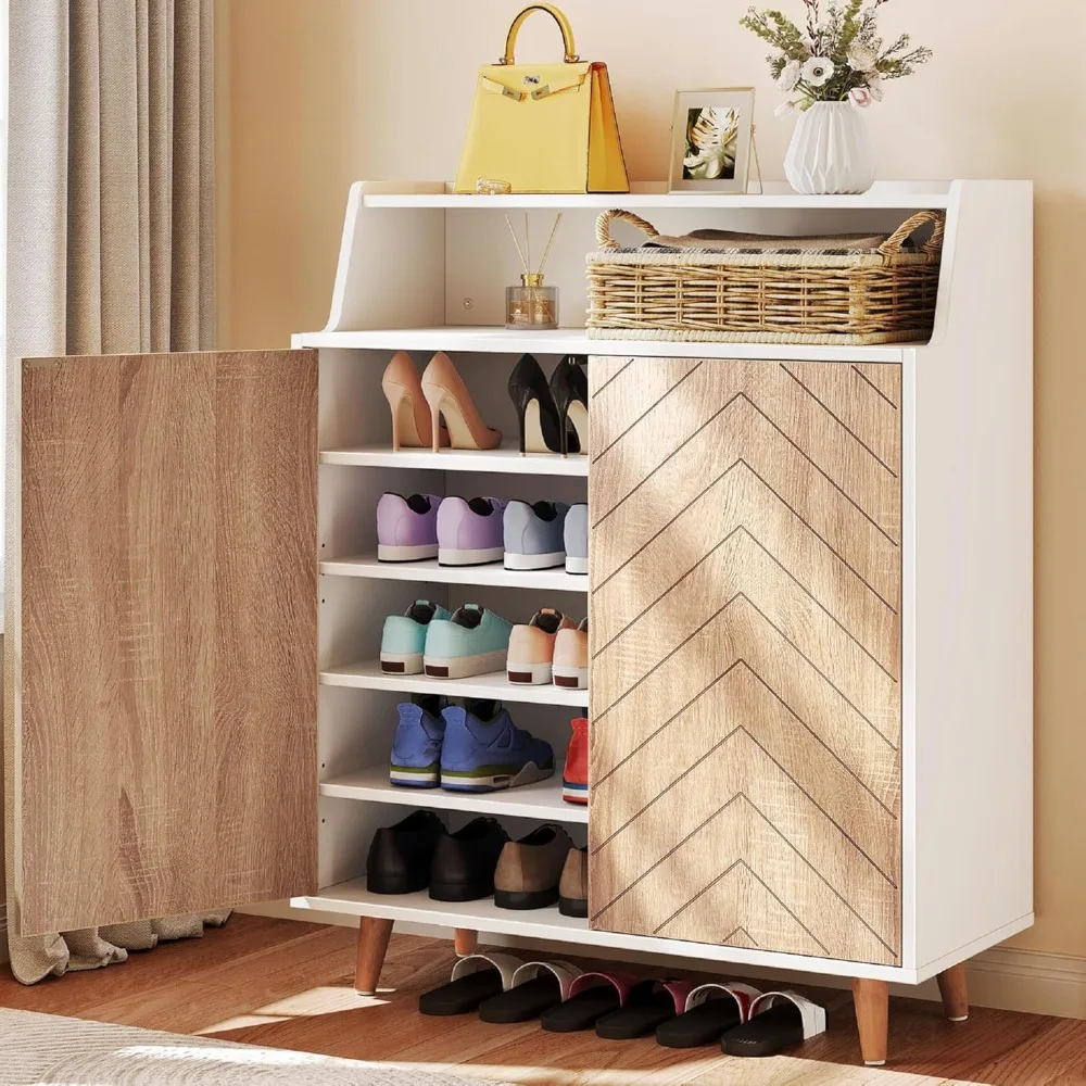 

Shoe Cabinet with Doors, 5-Tier Shoe Storage Cabinet with Open Shelves, Large Capacity Wooden Shoes Rack Organizer with