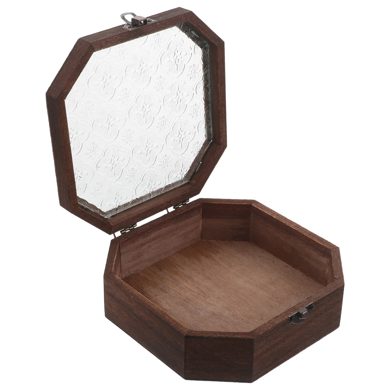 

Vintage Wood Jewelry Box Organizer Glass Lid Octagonal Trinket Case Dustproof Keepsake Display Rustic Jewelry Holder for Rings