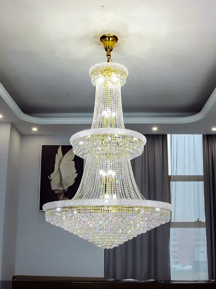 

Luxury Crystal Chandelier European-Style Large Chrome Living Room Staircase Lighting for Hotel Lobby Villa High Ceiling